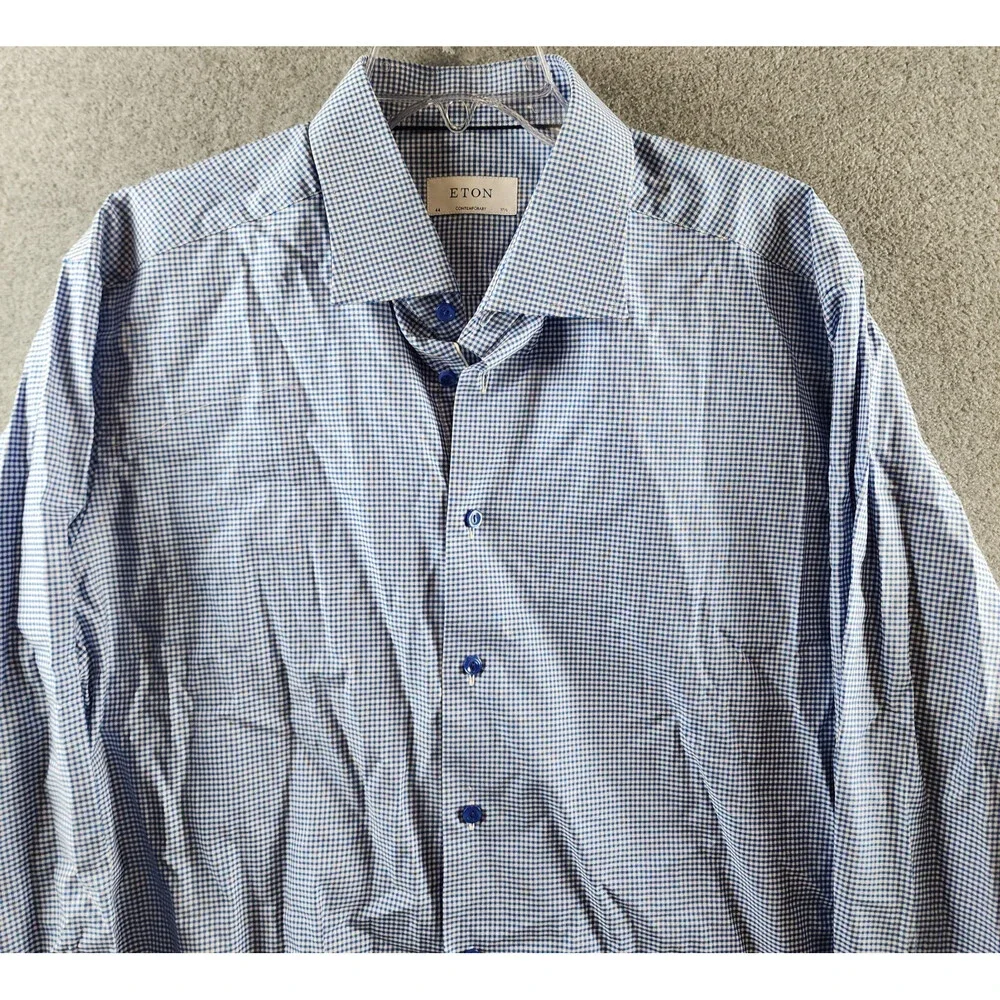 Eton Contemporary Fit MicroCheck Shirt Men's 17.5 Dark Blue Front Button Closure - Picture 4 of 13